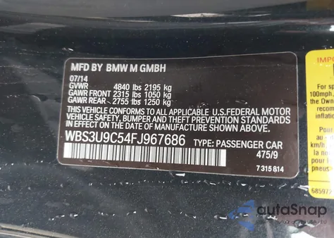 2015 BMW M4 z USA, uszkodzony, nr VIN WBS3U9C54FJ967686